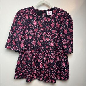 Victoria Dunn Bird Floral Peplum Top Sz. M